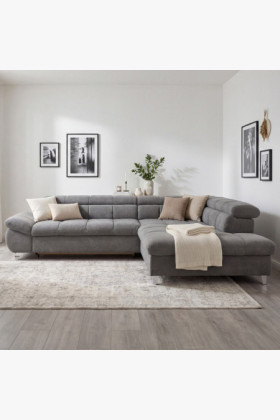 Szürke-barna sarok ülőgarnitúra kihúzható fekvőfelülettel, jobb oldali